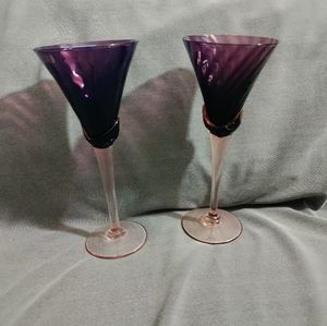 2 Vintage Mikasa Crystal Belgium Purple Art Glass Tall Wine Stem Glasses.